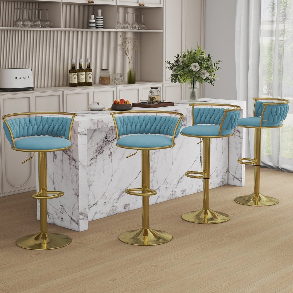 4 Set Velvet Adjustable Swivel Bar Stools With Backs