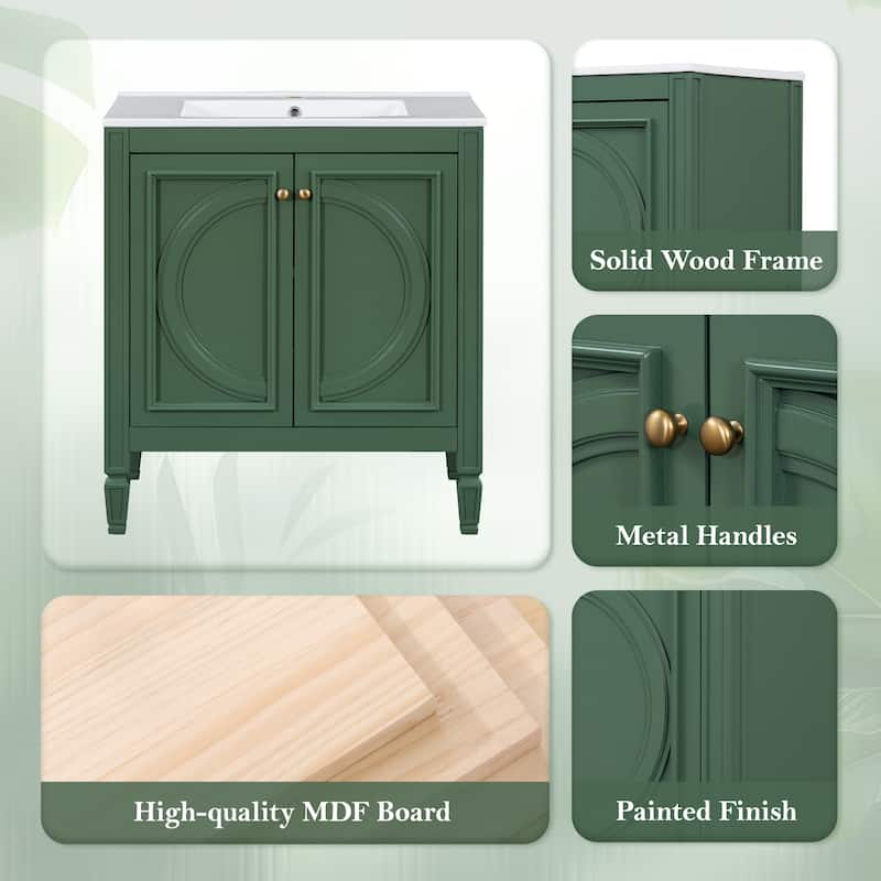 30" Freestanding Bathroom Vanity with Vintage Style, Ceramic Sink, 2 Doors, Soft-Close Hinges