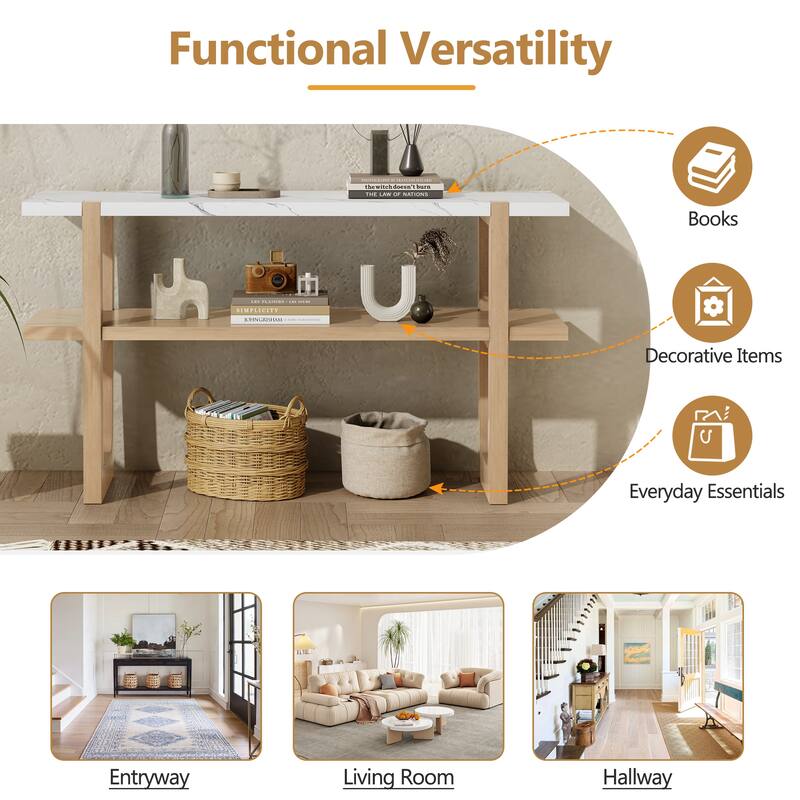 Wooden Narrow Console Table with Marble Effect Top, 54" Retro Rectangular Entryway Sofa Table with Open Shelf