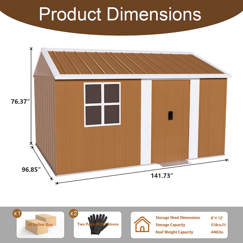 12x8 FT Heavy-Duty Metal Storage Shed with Windows, Lockable Door & Ventilation - Weatherproof Outdoor Garden Shed. - 12x8 FT