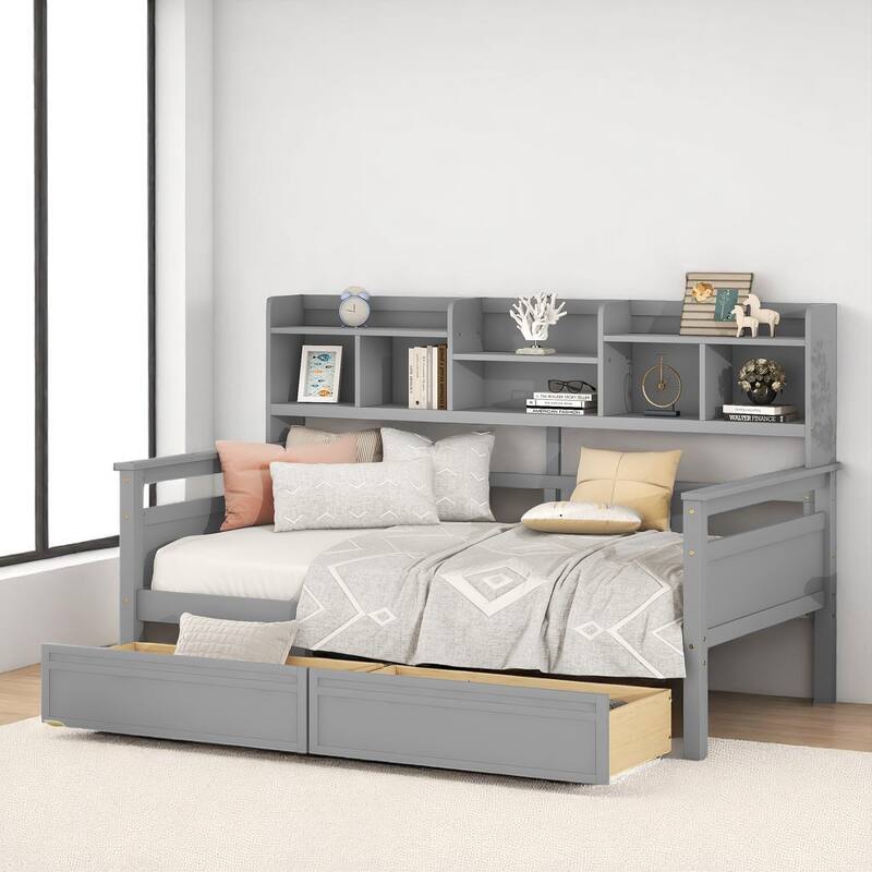 Wooden Twin/Full Daybed with 2 Storage Drawers and Bedside Shelves, No Box Spring Needed, Modern Design - Grey - Twin