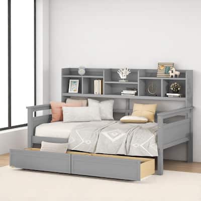 Wooden Twin/Full Daybed with 2 Storage Drawers and Bedside Shelves, No Box Spring Needed, Modern Design