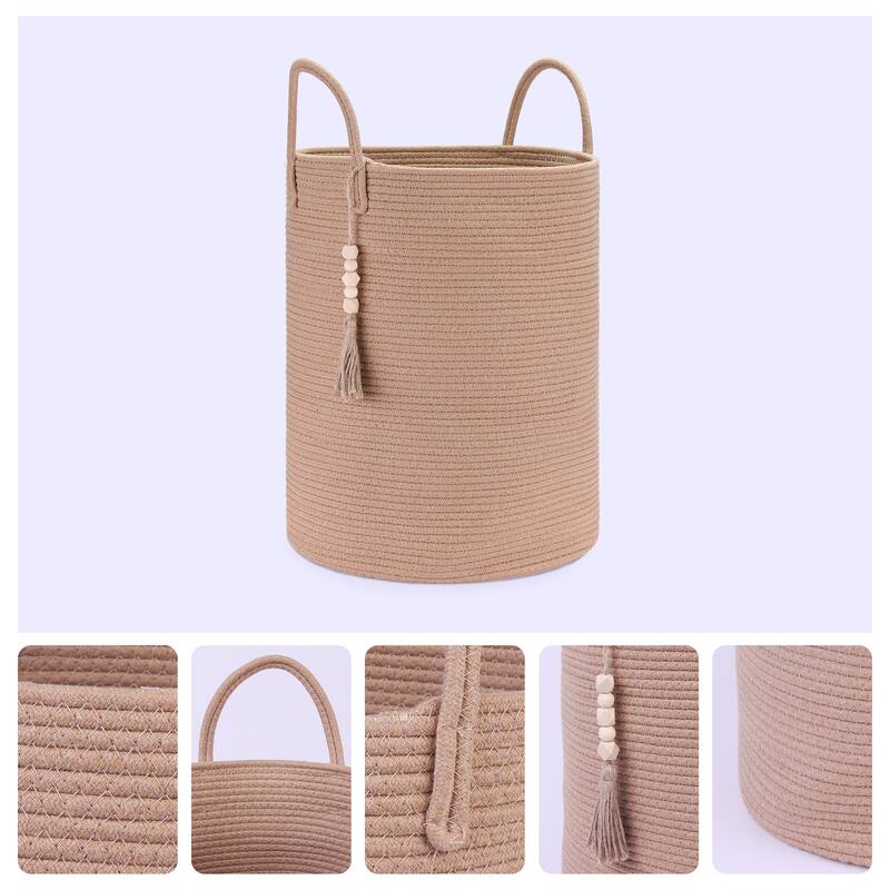 Woven Storage Bin with Handle and Tassel Beads, Storage Basket Organizer Bin for Blankets, Clothes, Shoes - 19*15in
