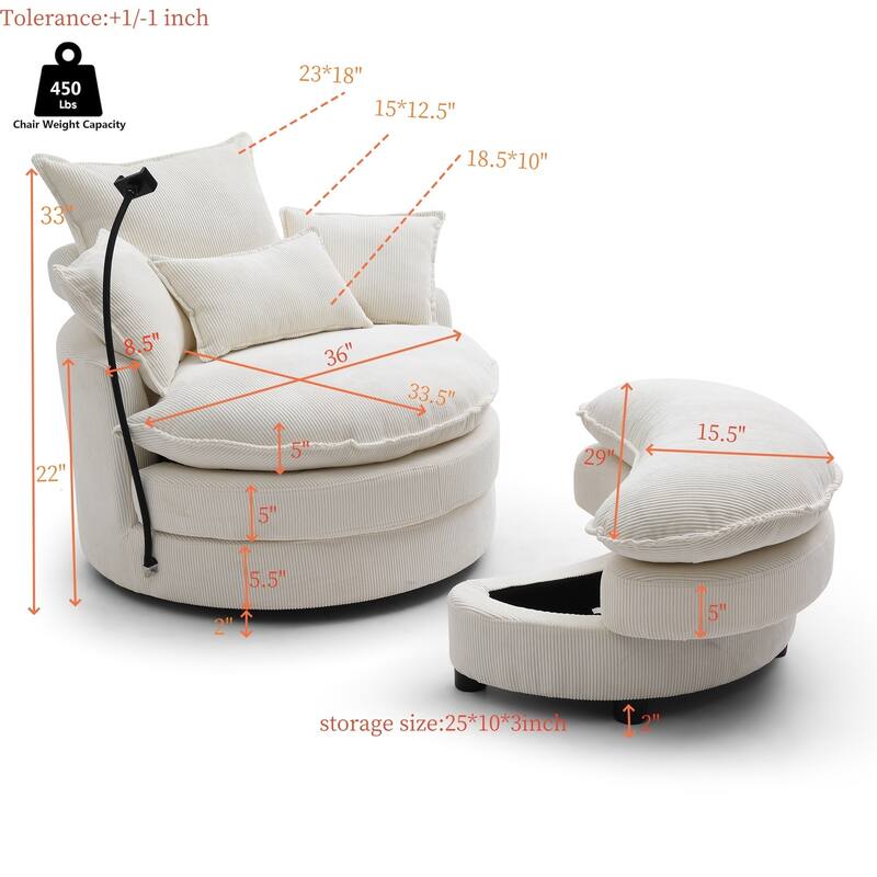 Modern Comfy 360° Swivel Barrel Chair with Ottoman and Pillows for Bedroom and Living Room