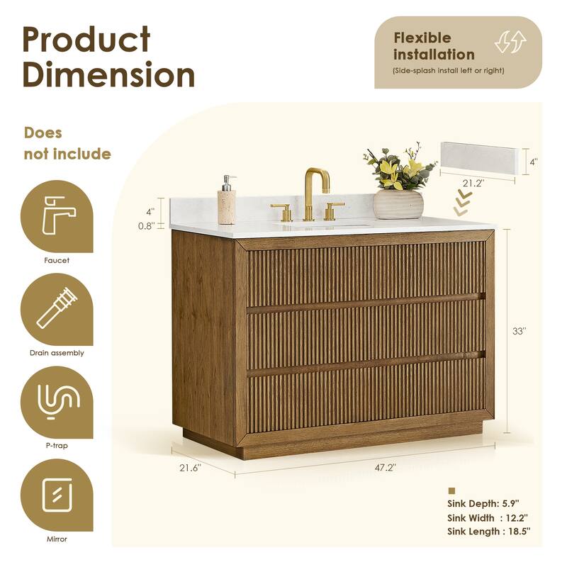 Navan Bathroom Vanity in Weathered Brown with Grain White Engineered Stone Countertop No Mirror
