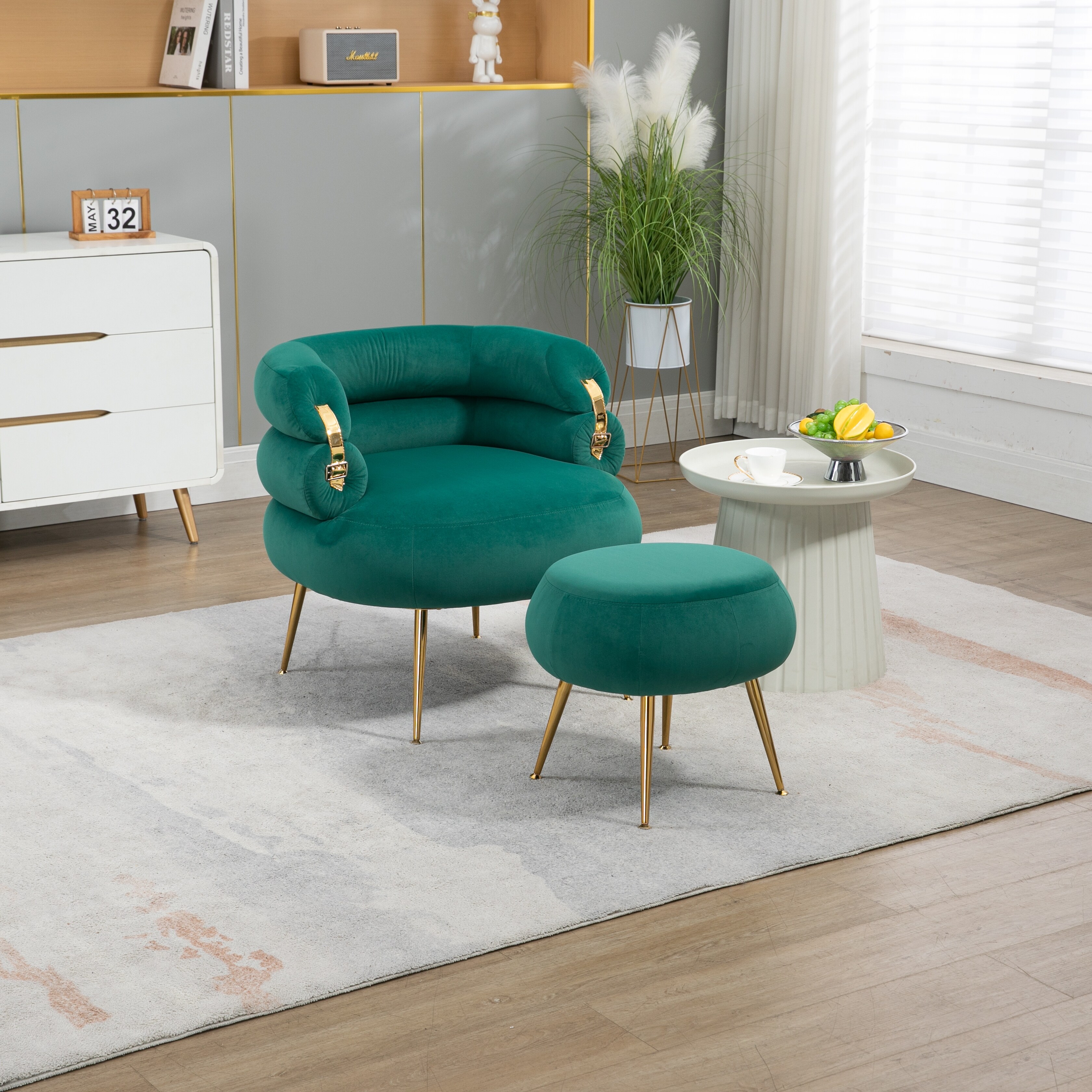 Velvet Accent Chair Leisure Armchair with Gold Feet & Ottoman, Barrel Chair  Lounge Chairs for Dressing Room Vanity Room, Green - Bed Bath & Beyond -  39310496