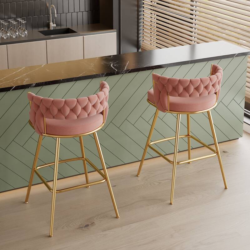 VECELO Counter Height Bar Stools with Woven Backrest 26.77" Seat Height Mid-Century Modern Upholstered Bar Chairs for Kitchen