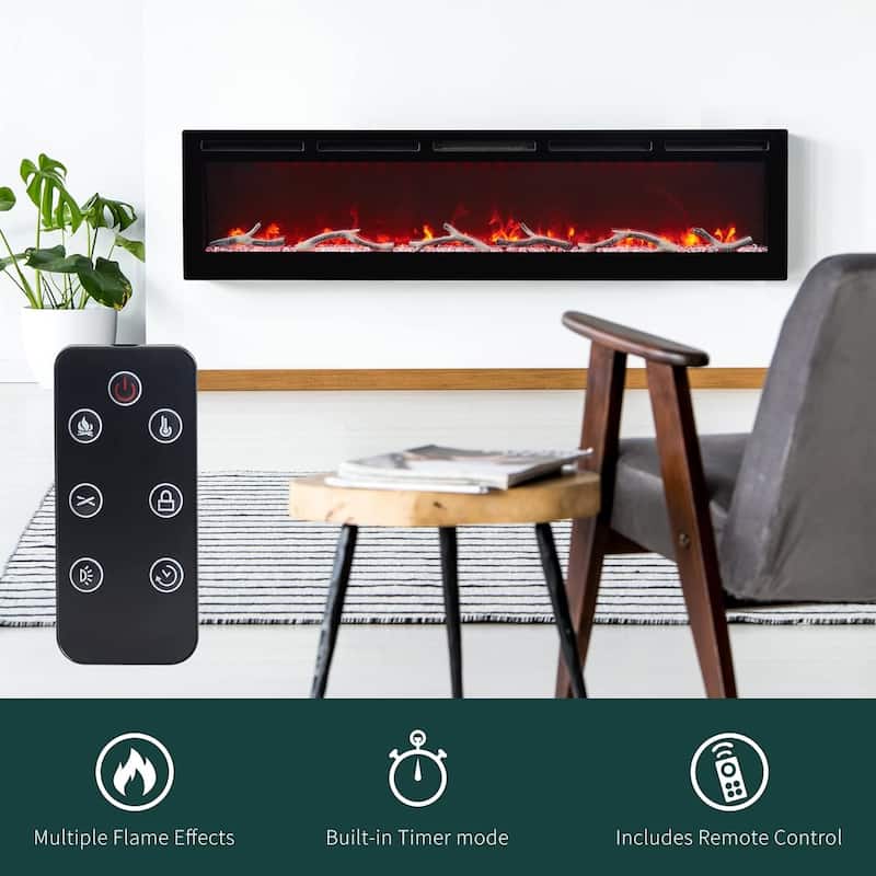 36 - 72 inch Wall Mount and Recessed Electric Fireplace in Black - 72 inch
