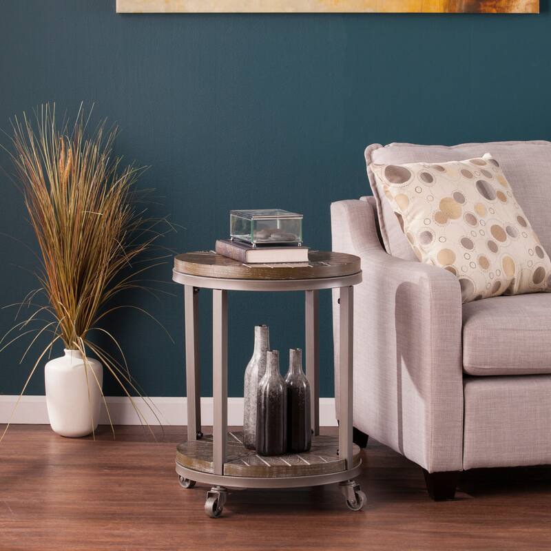 SEI Furniture Kenya Industrial Brown Wood Round Side Table with Shelf - White-limed Burnt Oak / Distressed Gray