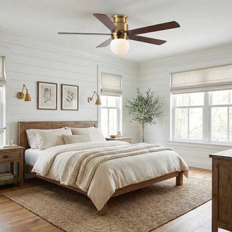 52" Modern Plating Gold Globe Glass Flush Mount Ceiling Fan with Light and Remote