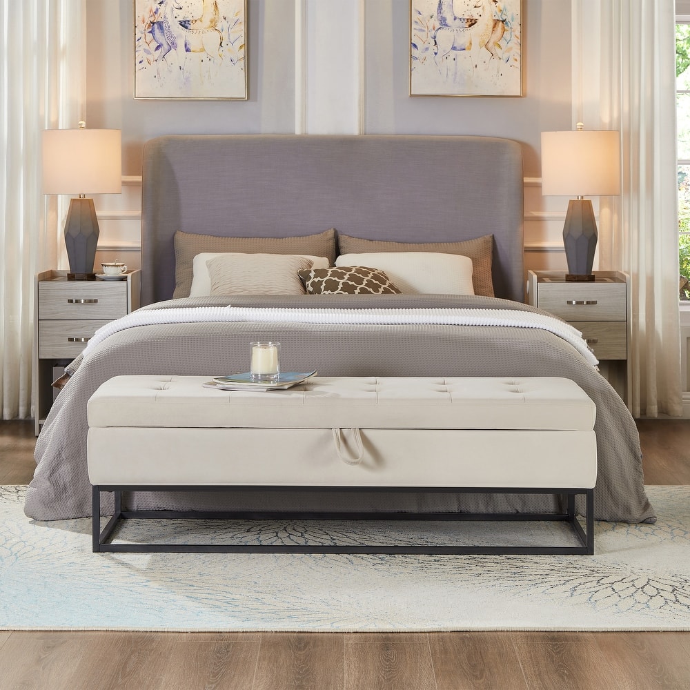 Velvet Upholstered Storage Seat Leisure Stool with Metal Frame, Exquisite End of Bed Corridor Stool with Button Tufting