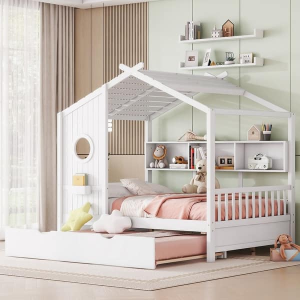 slide 2 of 12, Wooden Full Size House Bed With Trundle, Modern Design for Kids with Storage Shlef White