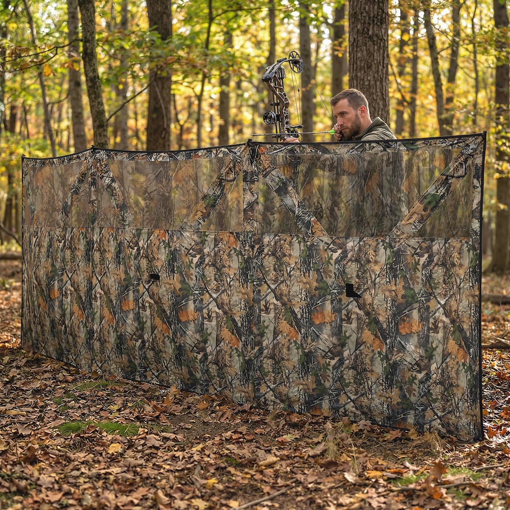 Outsunny Hunting Blind with One-Way View Mesh, 3-Panel Blind See Through with Wind Screen, 3 Storage Pockets