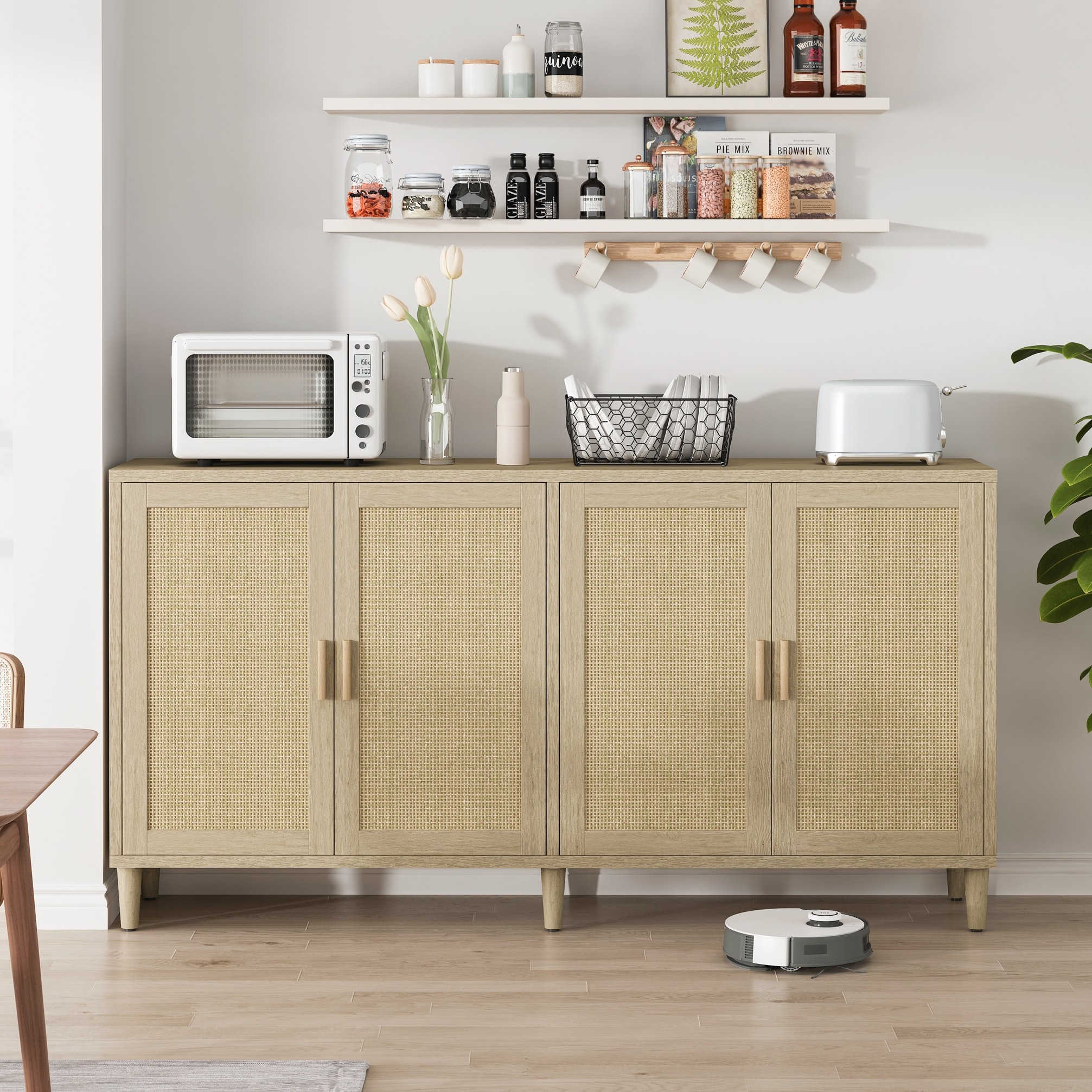 Rattan Buffet Cabinet with Storage, 4-Door Sideboard Buffet Cabinet with Adjustable Shelves for Kitchen, Living Room