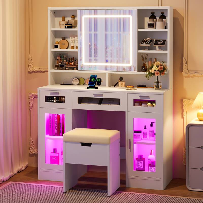 41" LED Makeup Vanity with Sliding Mirror - Dressing Table with 3 Drawers, 2 RGB Cabinets & Charging Station, Open Shelves