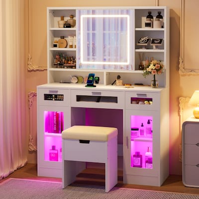 Vanity Desk with LED Sliding Mirror & Storage Stool, Dressing Table with 3 Drawers, 2 RGB Cabinets & Charging Station