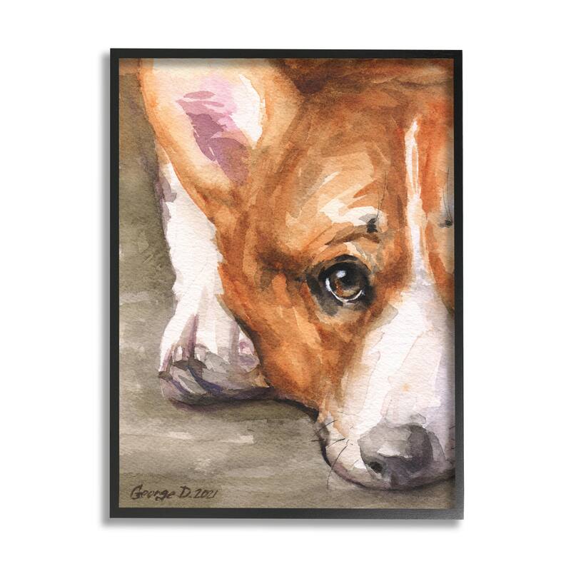 Stupell Pleasant Corgi Puppy Dog Gazing Lying Down Framed Wall Art, Design by George Dyachenko - Tan