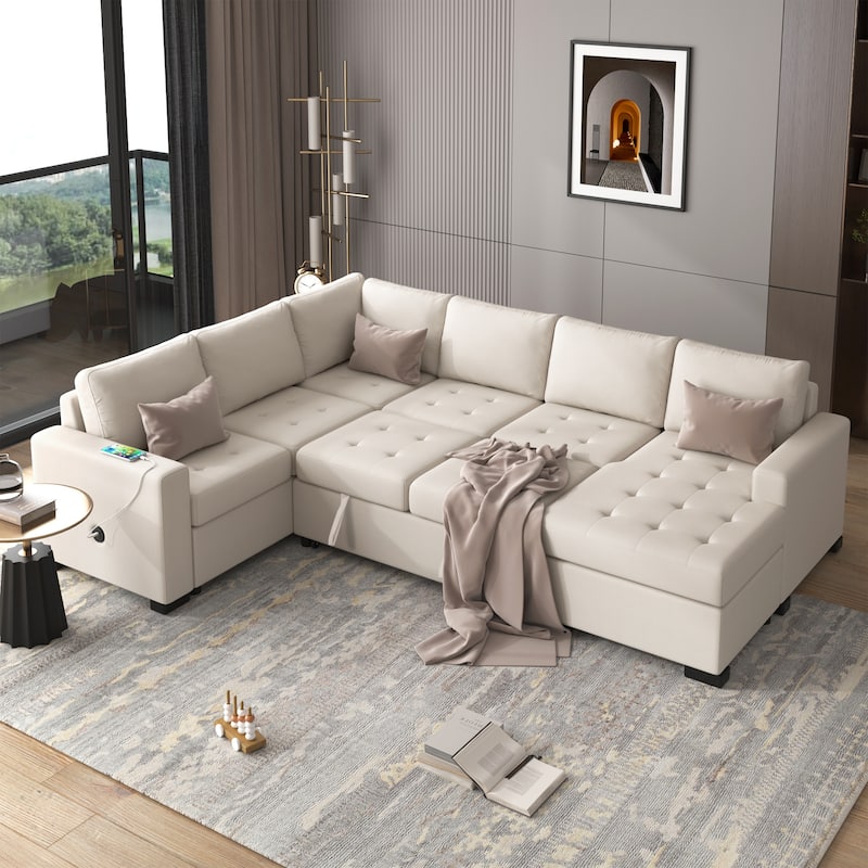 108.3'' Spacious U-Shape Sectional Sofa for 6, Pull-Out Bed, Lounge Chair with USB & Type-C Ports - Beige