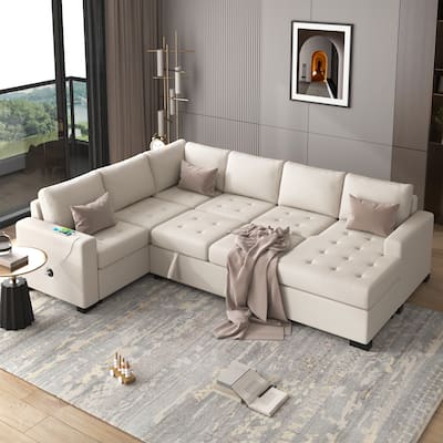 Sectional Sleeper Sofa with Pull-out Bed and Lounge Chair, USB and Type-C, Beige Polyester, for Living Room