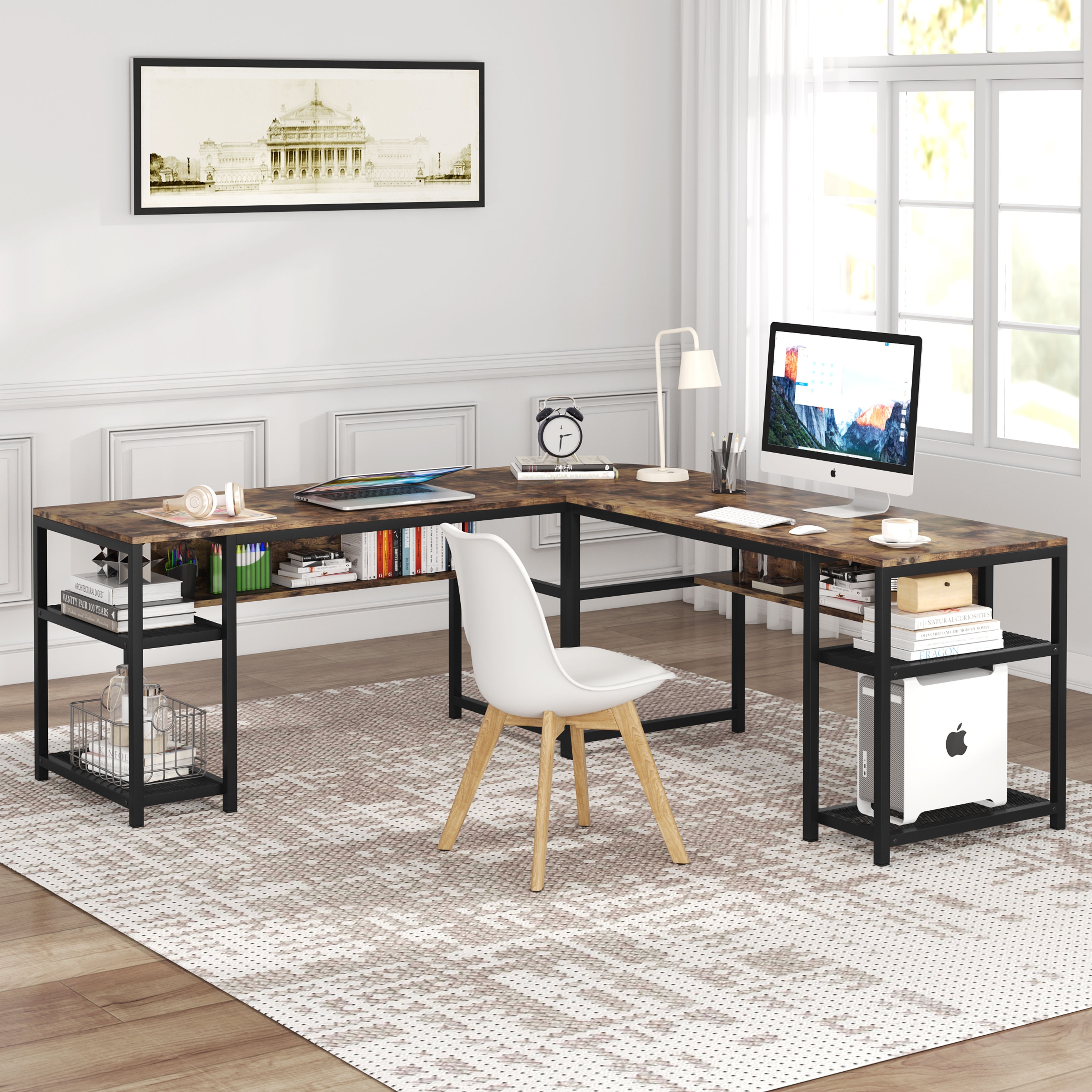 Vanity Art Modern Convertible L Shaped Swivel Rotation Corner Computer Desk with Shelves for Home Office White