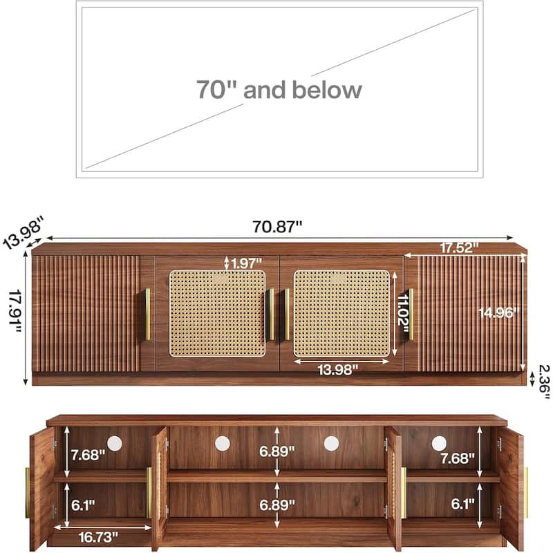 70.9" TV Console, Rattan Entertainment Center with 6 Storage Shelf and Cabinet - 70.87" W x 13.78" D x 17.72" H