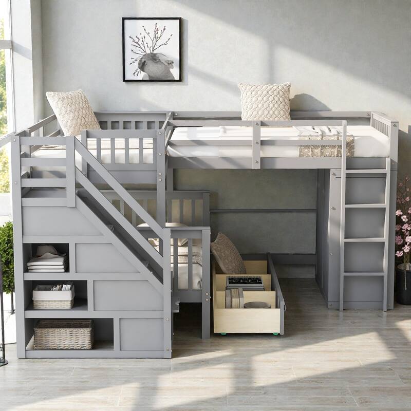 Twin Twin Over Full L-Shaped Bunk Bed with Drawers, Wardrobe and Retractable Desk, Pine Wood Frame - Grey - Full