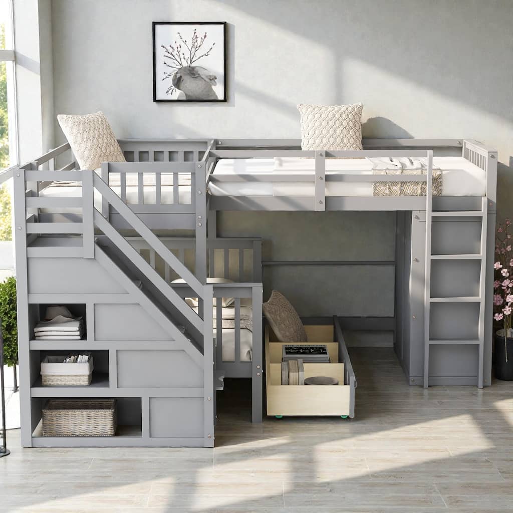 Twin Twin Over Full L-Shaped Bunk Bed with Drawers, Wardrobe and Retractable Desk, Pine Wood Frame