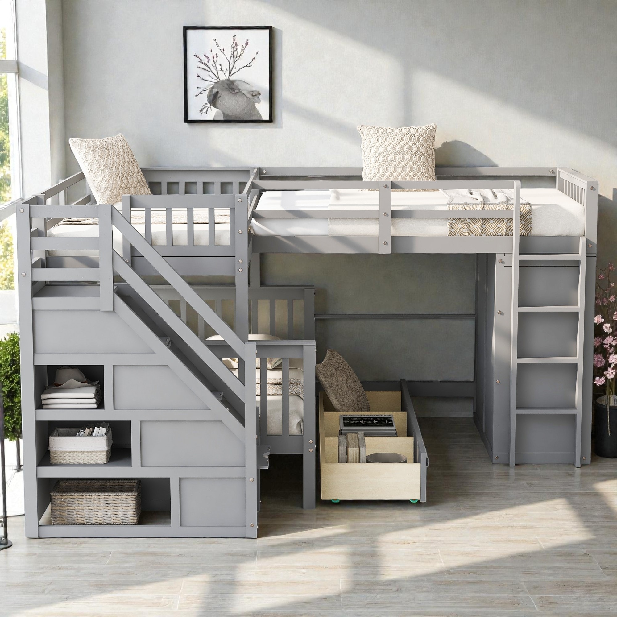 Twin Twin Over Full L-Shaped Bunk Bed with Drawers, Wardrobe and Retractable Desk, Pine Wood Frame
