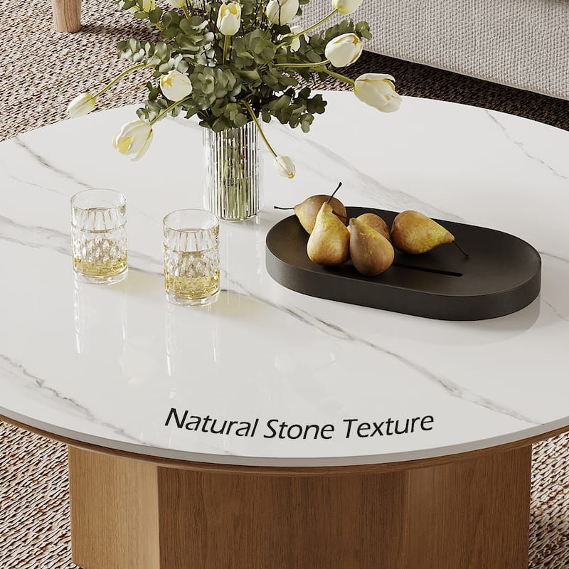 Mid-century Modern Coffee Table,35.43" With White Sintered Stone Table Top, Solid Wood Legs