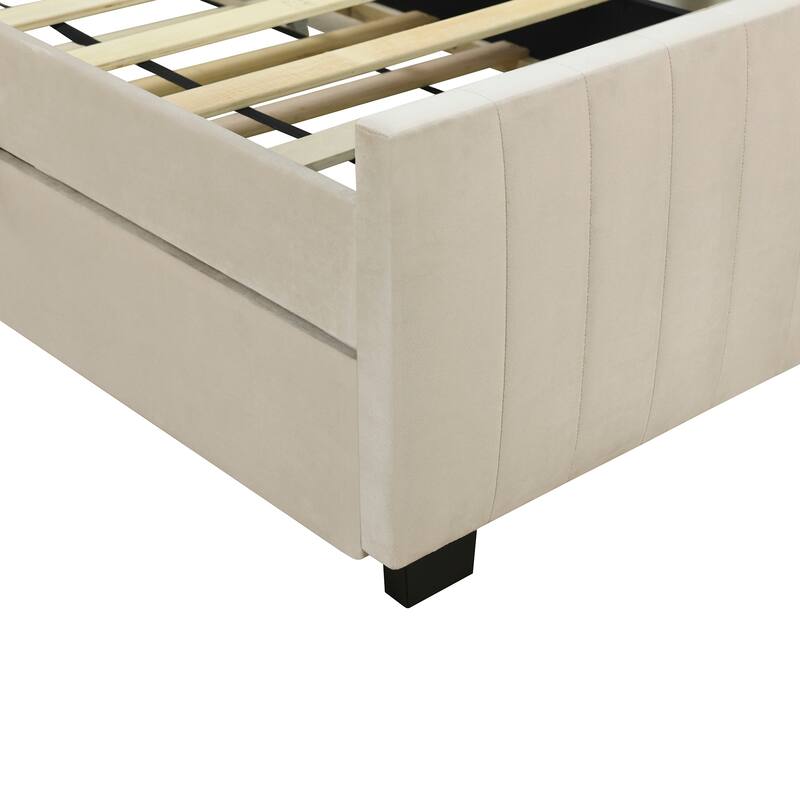 Twin Size Velvet Upholstered Platform Bed with Trundle, Beige