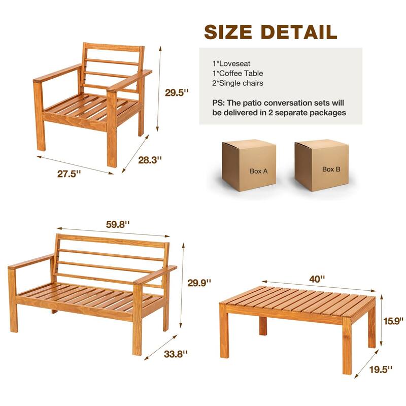 EROMMY Wood Patio Conversation Set with Coffee Table and Soft Cushions, Outdoor Sofa Set for Garden, Backyard