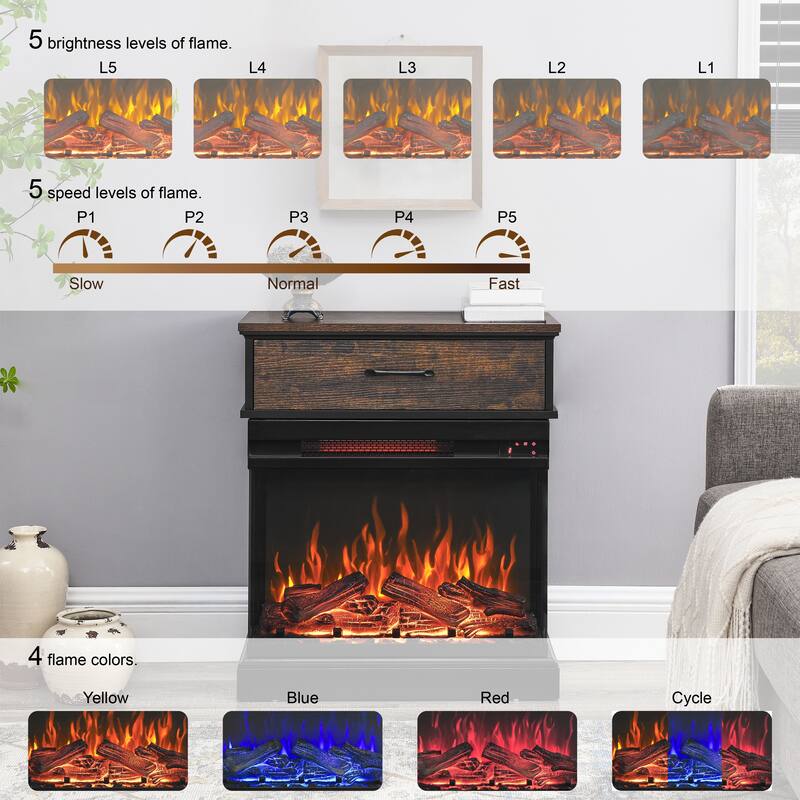 25" Stand Side Table with Electric Fireplace, 3-Sided Glass, Remote Control, 1500W Heater for Living Room