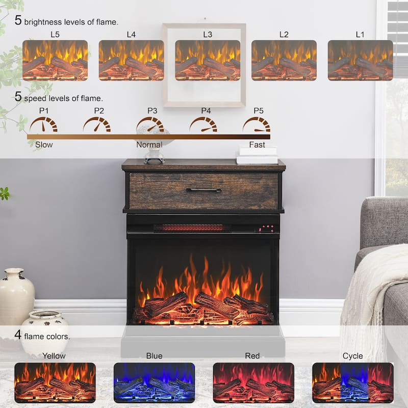 25 Inch Stand Side Table With 3-Sided Glass Electric Fireplace