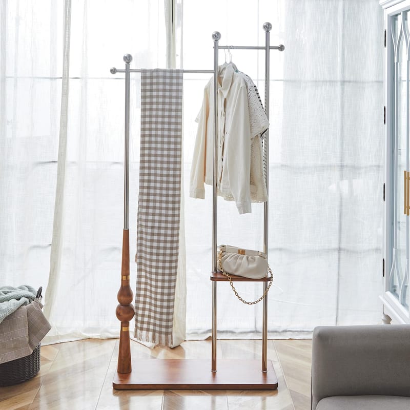 Roomfitters Double-Layer Coat Rack with Antique Wood Veneer and Metal Stand, 70"H x 34.6"W, Multi-Functional Storage