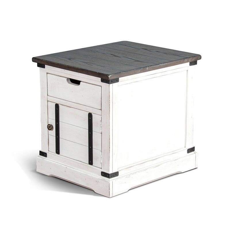 Laibi Side Table, French Country White, Brown Mahogany Wood, 26x22 Top