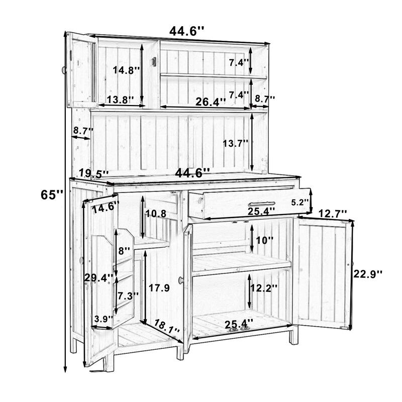 65" Solid Fir Wood Potting Bench with Hutch, Garden Workstation Table with Drawer, Spice Rack & Shelves