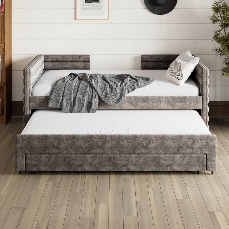 Twin Size Upholstered Daybed with Trundle and 3 Storage Drawers, Fabric Sofa Bed for Guest Room, Living Room