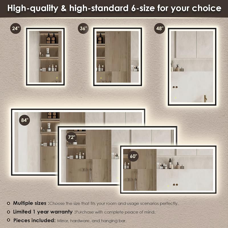Apollo Rectangular Anti-Fog Dimmable Modern Bathroom/Vanity LED Lighted Wall Mirror in Matte Black Aluminum Framed
