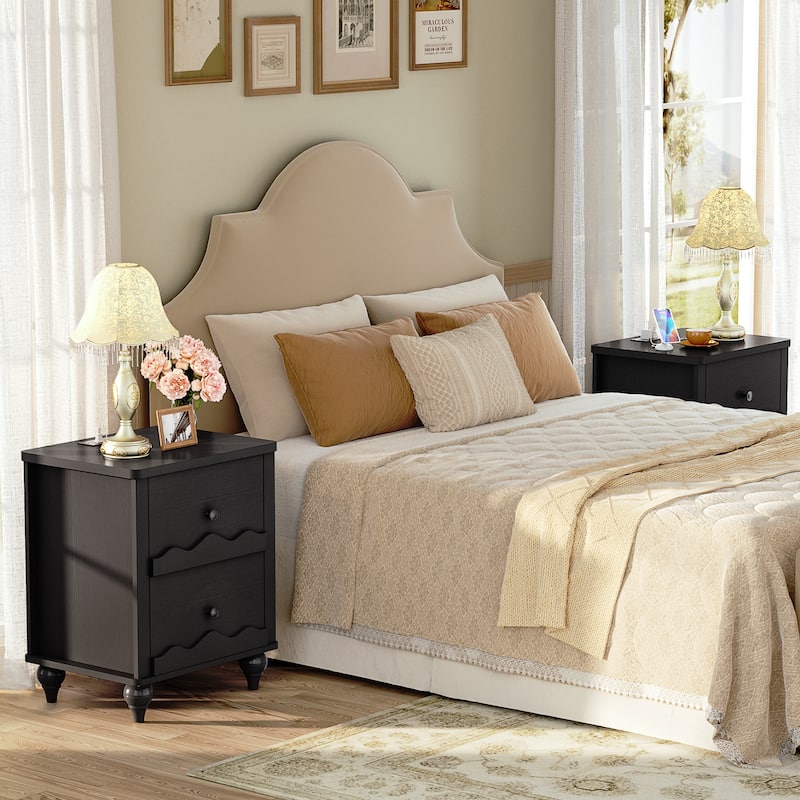 Modern Nightstand with Charging Station, Side End Table with 2 Drawers