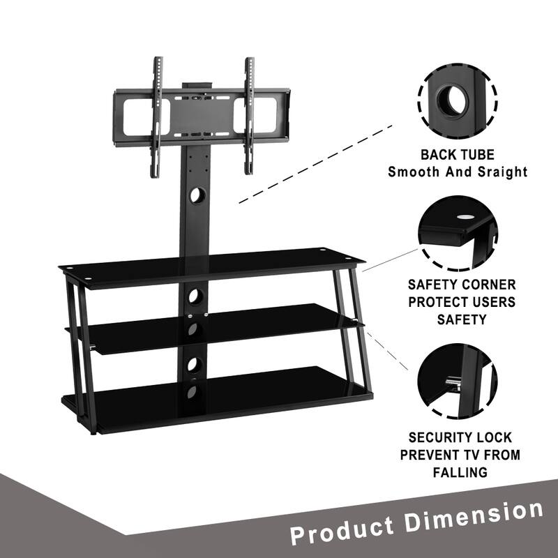 Black Tempered Glass TV Stand with Three Layers, Height and Angle Adjustable (Fits 3265 Inch