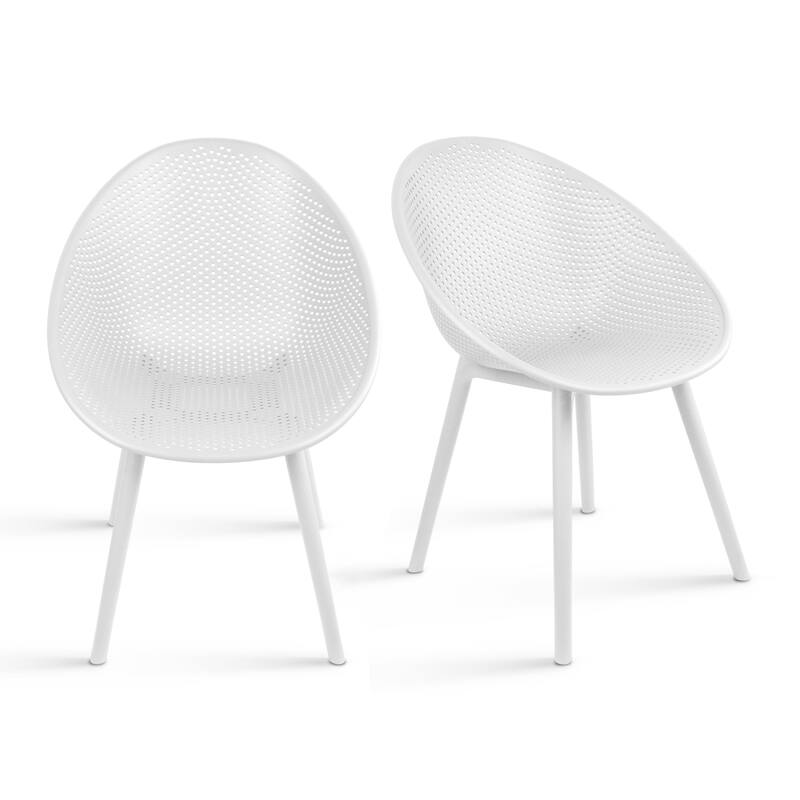 Set of 2 Mid-Century Modern Plastic Dining Chair Plastic Legs with Breathable Perforated Egg Shaped Seat for Indoor/Outdoor Use - White