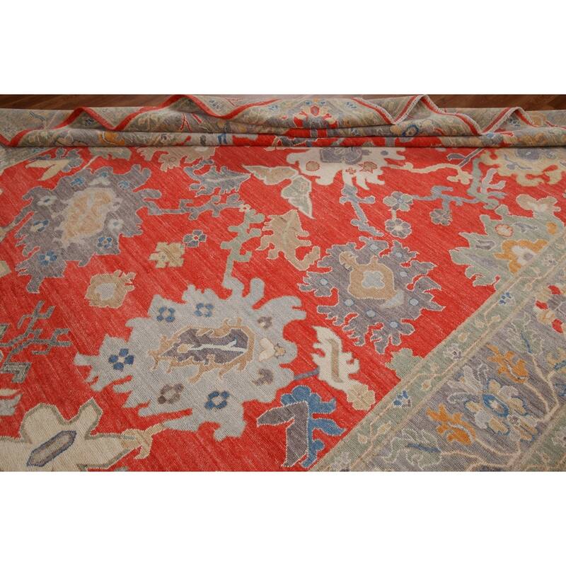 Red Floral Oushak Vegetable Dye Area Rug Handmade Wool Carpet - 8'2"x 9'11"