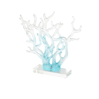 Blue Glass Ombre Coral Decorative Sculpture with Clear Rectangle Base