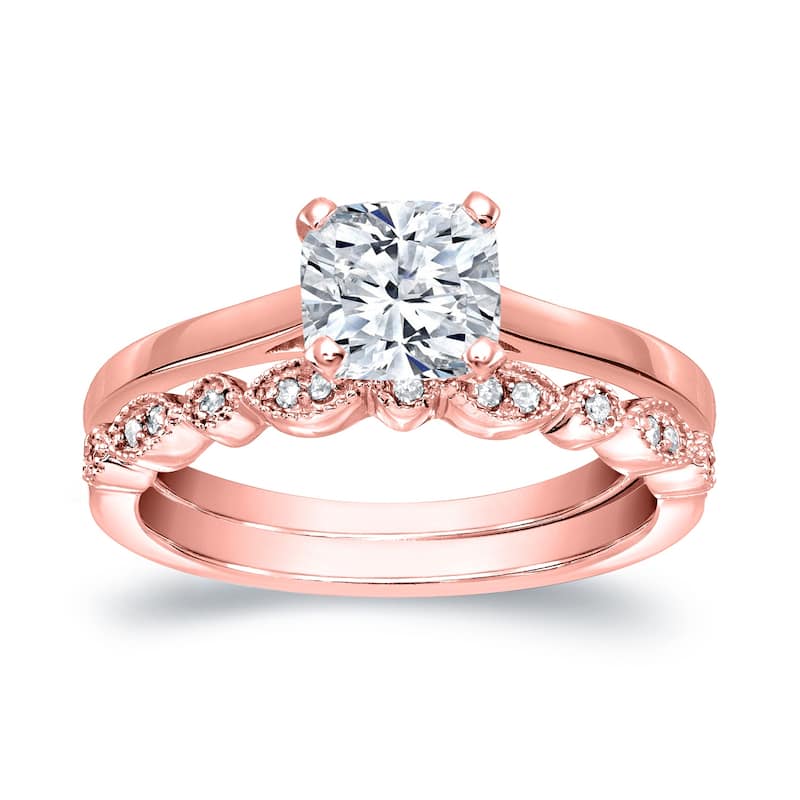 Auriya 14k Gold 1 1/6ctw Vintage Cushion Solitaire Diamond Engagement Ring Set - Rose - 6