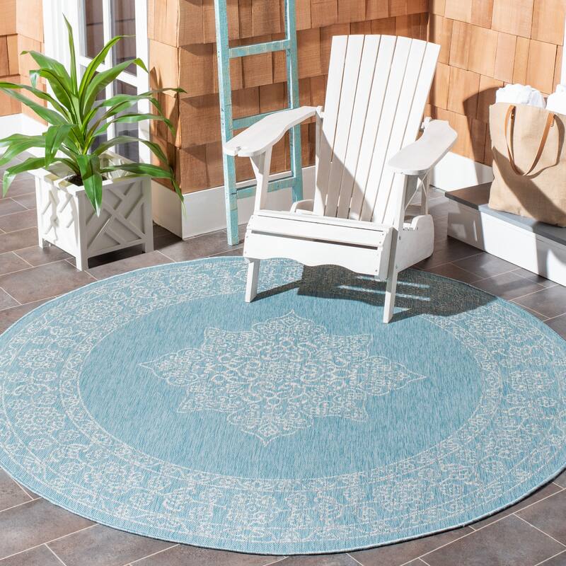 SAFAVIEH Courtyard Maralyn Indoor/ Outdoor Waterproof Patio Backyard Rug - 6'7" x 6'7" Round - Aqua/Grey