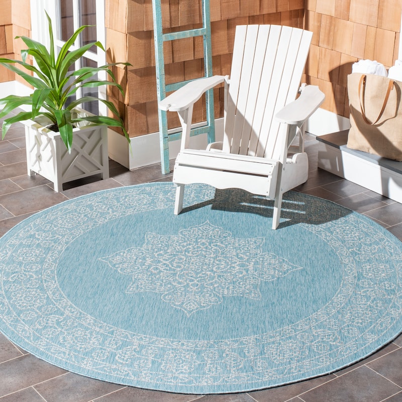 SAFAVIEH Courtyard Zikrija Indoor/ Outdoor Waterproof Patio Backyard Rug - 6'7" Round - Aqua/Grey