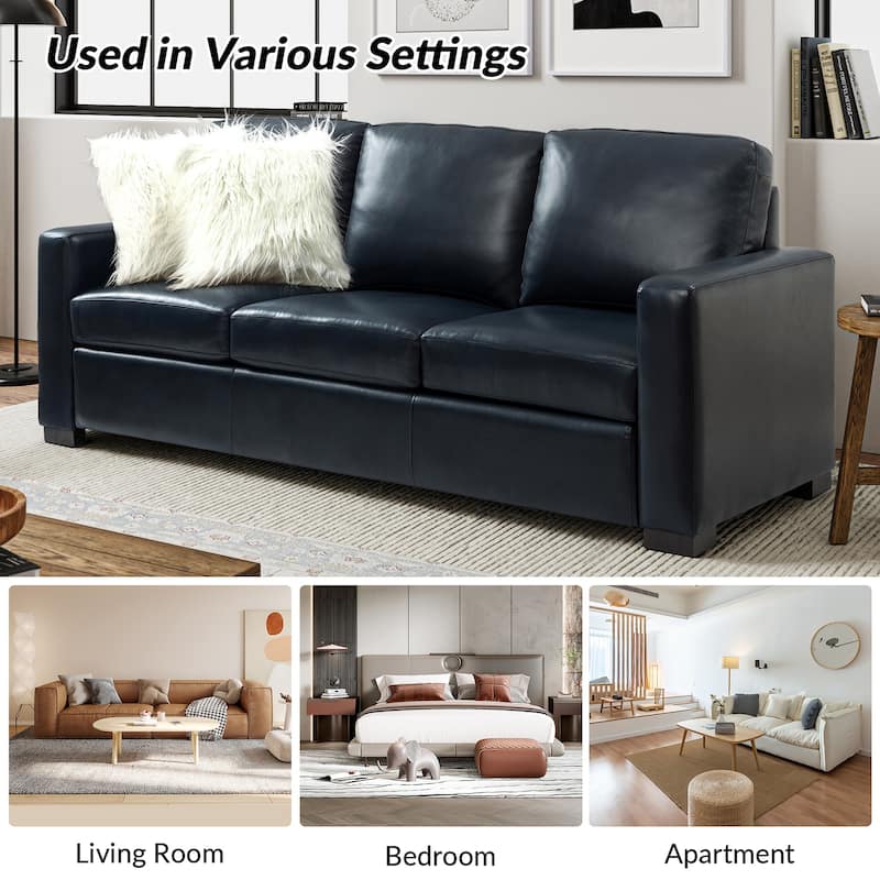 Ernando 83.46" Wide Genuine Leather Sofa with Squared Arms and Pillows