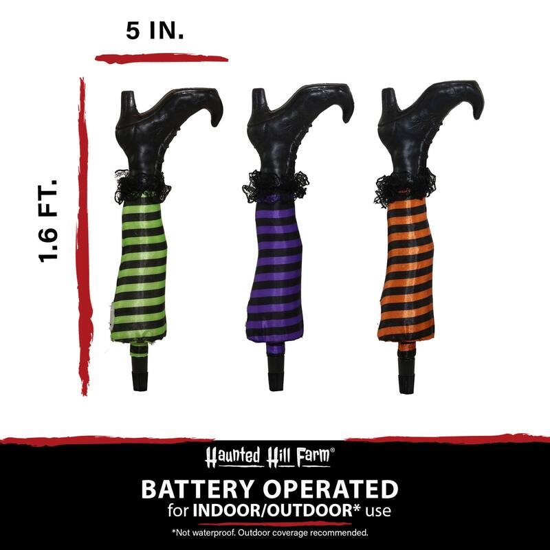 Haunted Hill Farm Set of Three 19-In. Light-Up Witch Leg Stakes, Outdoor Halloween Lawn and Garden Decoration, LED, Battery