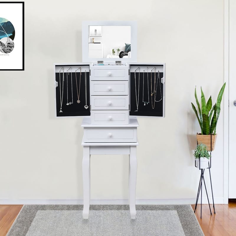 Standing Jewelry Armoire with Mirror, 5 Drawers, 8 Necklace Hooks & 2 Side Swing Doors(White) - 1 Big & 3 Small Drawer