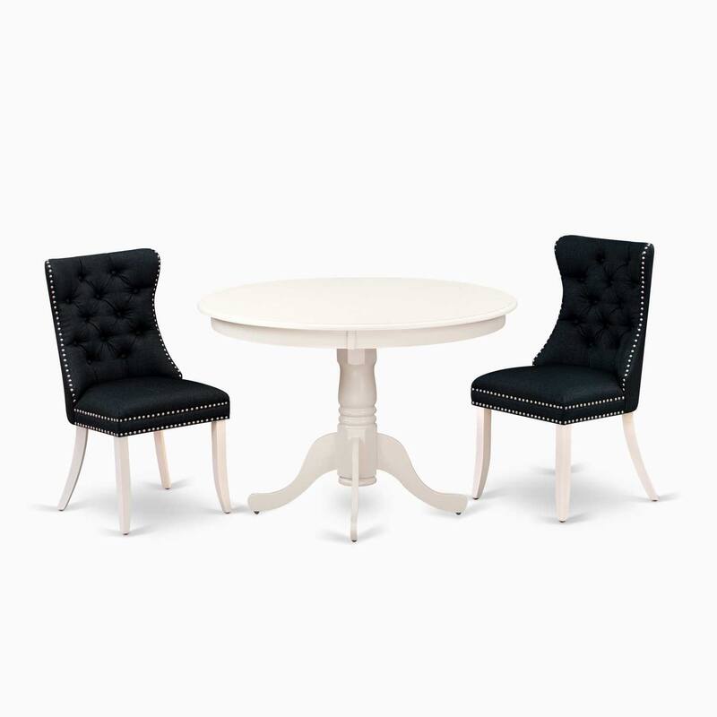 3-Piece Linen White Finish Solid Wood Top-Round Upholstered Dining Room Set-Seats 4